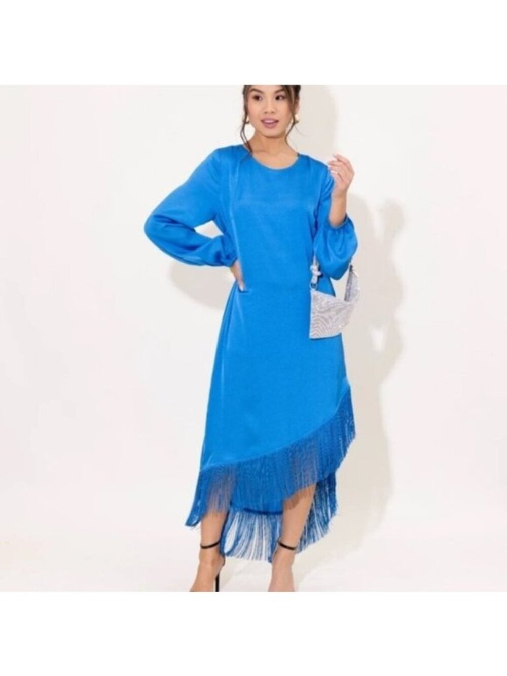 Alden Adair Valentina Midi Dress S Neptune Blue Fringe Cocktail Party Asymmetric
